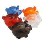 Cofre em formato de porquinho, de acrílico, com abertura em baixo.