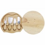 Kit queijo com 4 peças em estojo de madeira redondo.