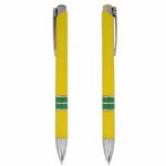 Caneta de metal com clip plástico e ponta para teclados touchscreen.