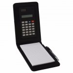 Calculadora com bloco de anotações de couro sintético preto com mini caneta de plástico.