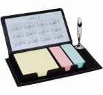 Bloco de anotações com porta caneta e post-its, material em couro sintético.