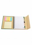   Bloco ecológico de capa dura, com caneta, post-it e bloco de anotações.