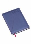 Agenda diária em couro sintético na cor azul.