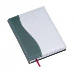 Agenda diária em couro sintético nas cores: azul, verde, prata e vermelho. 