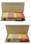Bloquinhos de anotações ecológico com régua plástica de 12 cm, post-its coloridos e caneta reciclável.