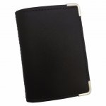 Porta documento de couro sintético, com cantoneira prateada, com capacidade para 4 cartões, com bolsos nas laterais.