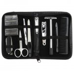 Kit manicure em estojo de couro sintético preto.