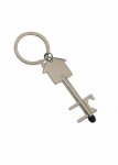 Chaveiro de metal em formato de chave, com detalhe em formato de casa.