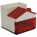 Porta caneta formato em forato casa, com telhado que abre e fecha e gaveta, com detalhes decorando a peça, material de plástico.