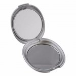 Espelho de bolso duplo em formato oval, feito de plástico resistente.